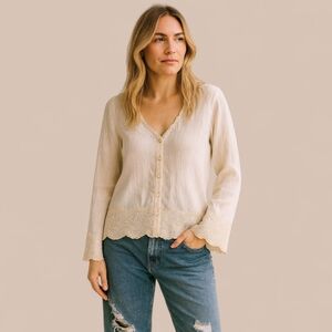 J. Jill Linen Ivory Embroidered‎ Hem Top | Natural Timeless Wardrobe Sz S